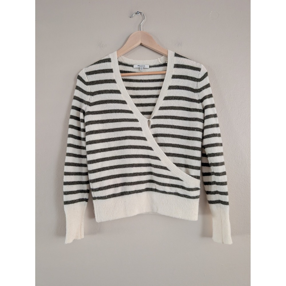 Madewell‎ Alpaca Striped Wrap Sweater XXS Cream Green Wool Blend V-Neck Preppy